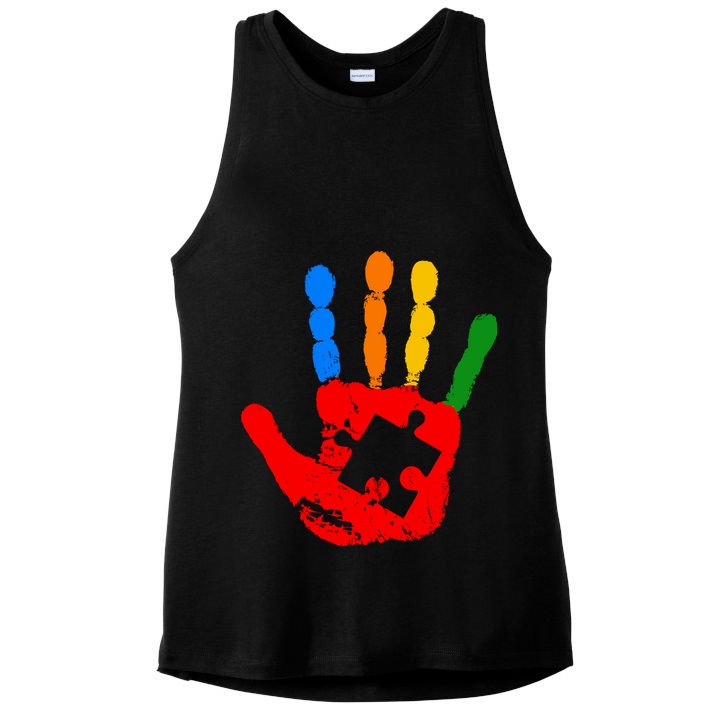 Autism Awareness Painted Hand Puzzle Piece Ladies PosiCharge Tri-Blend Wicking Tank
