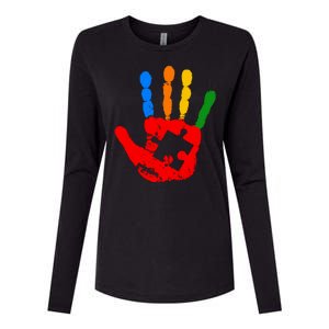 Autism Awareness Painted Hand Puzzle Piece Womens Cotton Relaxed Long Sleeve T-Shirt