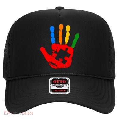 Autism Awareness Painted Hand Puzzle Piece High Crown Mesh Back Trucker Hat