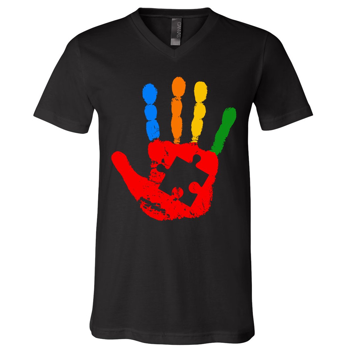 Autism Awareness Painted Hand Puzzle Piece V-Neck T-Shirt