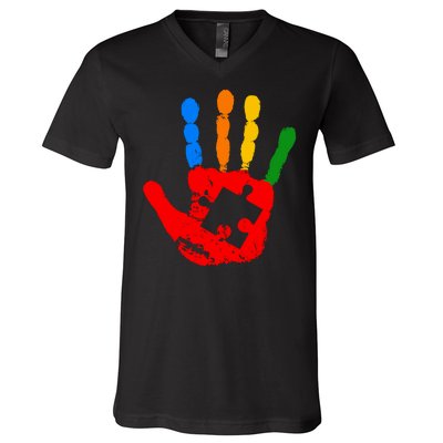 Autism Awareness Painted Hand Puzzle Piece V-Neck T-Shirt