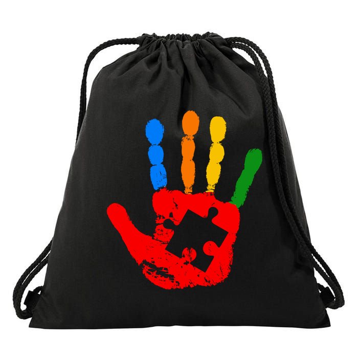 Autism Awareness Painted Hand Puzzle Piece Drawstring Bag