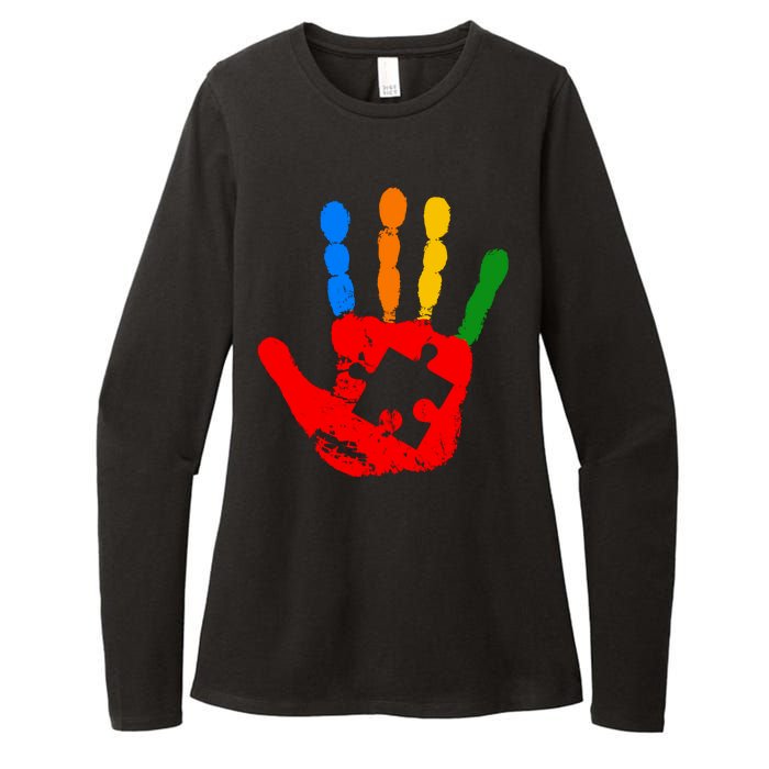 Autism Awareness Painted Hand Puzzle Piece Womens CVC Long Sleeve Shirt