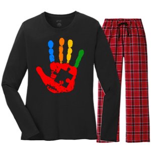 Autism Awareness Painted Hand Puzzle Piece Women's Long Sleeve Flannel Pajama Set 