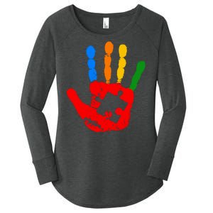 Autism Awareness Painted Hand Puzzle Piece Women's Perfect Tri Tunic Long Sleeve Shirt