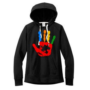 Autism Awareness Painted Hand Puzzle Piece Women's Fleece Hoodie