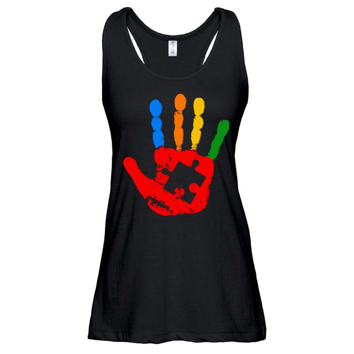 Autism Awareness Painted Hand Puzzle Piece Ladies Essential Flowy Tank