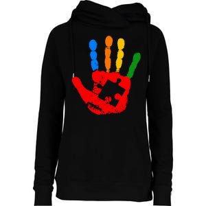 Autism Awareness Painted Hand Puzzle Piece Womens Funnel Neck Pullover Hood