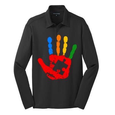 Autism Awareness Painted Hand Puzzle Piece Silk Touch Performance Long Sleeve Polo