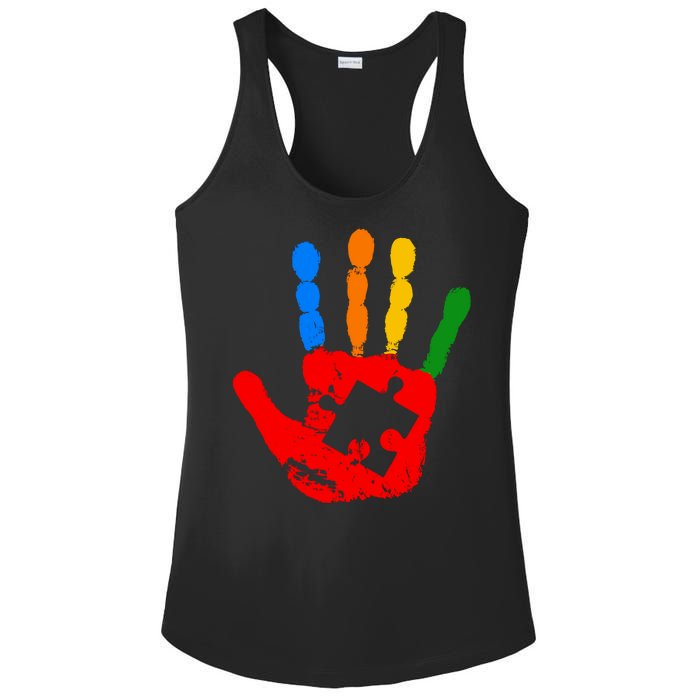 Autism Awareness Painted Hand Puzzle Piece Ladies PosiCharge Competitor Racerback Tank