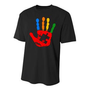 Autism Awareness Painted Hand Puzzle Piece Youth Performance Sprint T-Shirt