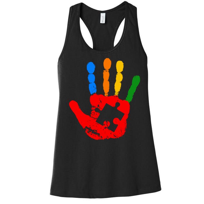 Autism Awareness Painted Hand Puzzle Piece Women's Racerback Tank