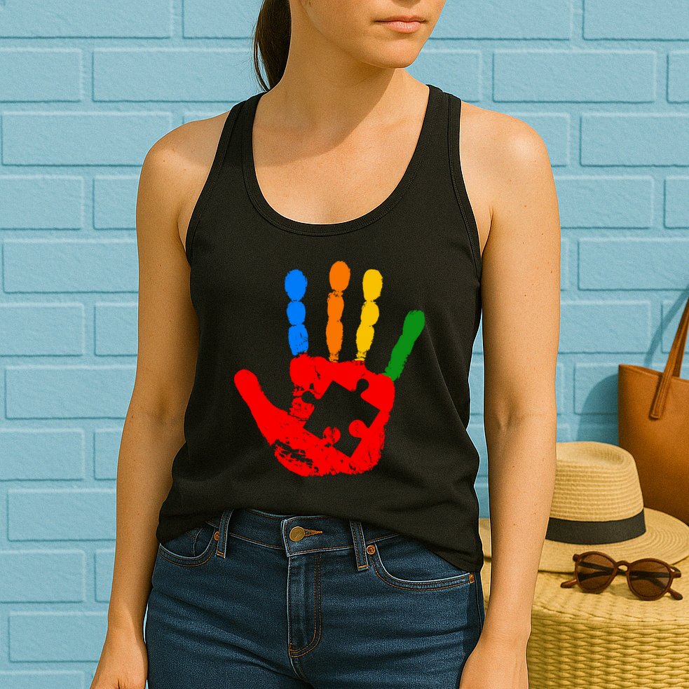 Autism Awareness Painted Hand Puzzle Piece Womens Tank Top