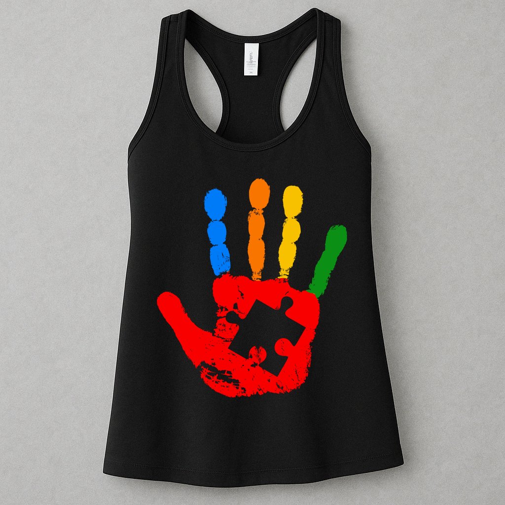 Autism Awareness Painted Hand Puzzle Piece Womens Tank Top