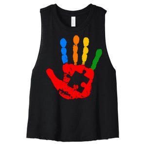 Autism Awareness Painted Hand Puzzle Piece Women's Racerback Cropped Tank