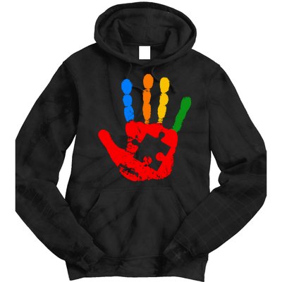 Autism Awareness Painted Hand Puzzle Piece Tie Dye Hoodie