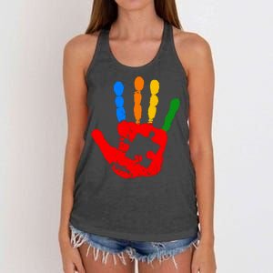 Autism Awareness Painted Hand Puzzle Piece Women's Knotted Racerback Tank