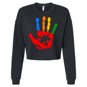 Autism Awareness Painted Hand Puzzle Piece Cropped Pullover Crew