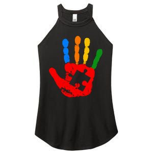 Autism Awareness Painted Hand Puzzle Piece Women's Perfect Tri Rocker Tank