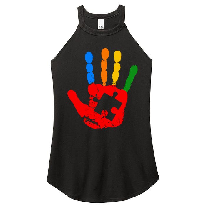 Autism Awareness Painted Hand Puzzle Piece Women's Perfect Tri Rocker Tank