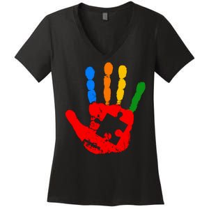 Autism Awareness Painted Hand Puzzle Piece Women's V-Neck T-Shirt