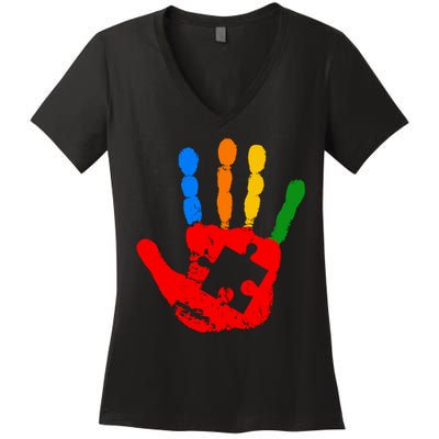 Autism Awareness Painted Hand Puzzle Piece Women's V-Neck T-Shirt