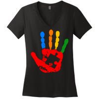 Autism Awareness Painted Hand Puzzle Piece Women's V-Neck T-Shirt