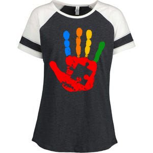 Autism Awareness Painted Hand Puzzle Piece Enza Ladies Jersey Colorblock Tee