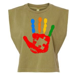 Autism Awareness Painted Hand Puzzle Piece Garment-Dyed Women's Muscle Tee