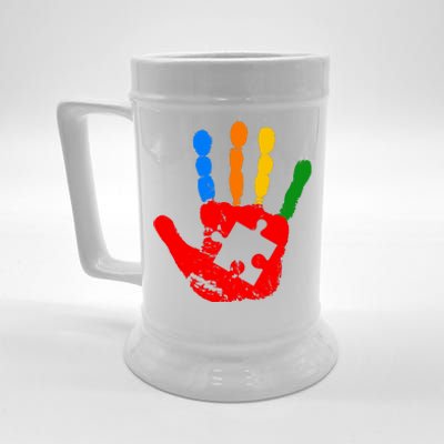 Autism Awareness Painted Hand Puzzle Piece Beer Stein