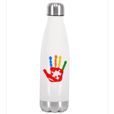 Autism Awareness Painted Hand Puzzle Piece Stainless Steel Insulated Water Bottle