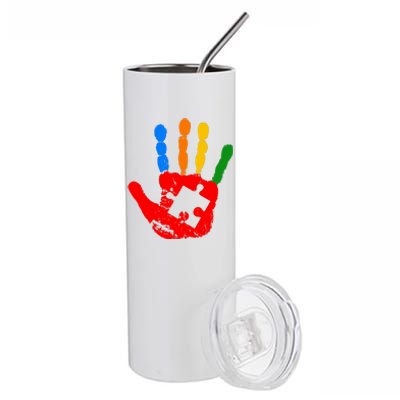 Autism Awareness Painted Hand Puzzle Piece Stainless Steel Tumbler