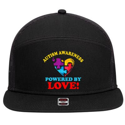 Autism Awareness Powered By Love Puzzle Heart 7 Panel Mesh Trucker Snapback Hat