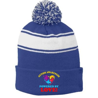 Autism Awareness Powered By Love Puzzle Heart Stripe Pom Pom Beanie