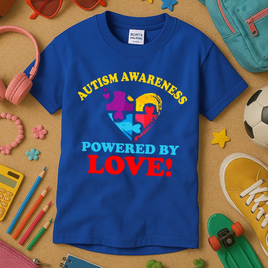 Autism Awareness Powered By Love Puzzle Heart Kids T-Shirt