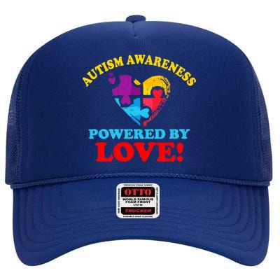 Autism Awareness Powered By Love Puzzle Heart High Crown Mesh Back Trucker Hat