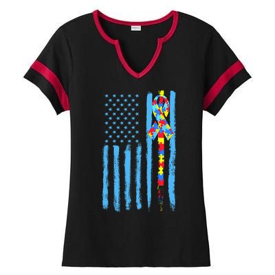 Autism Awareness Puzzle American Flag Ladies Halftime Notch Neck Tee