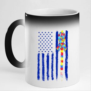 Autism Awareness Puzzle American Flag 11oz Black Color Changing Mug