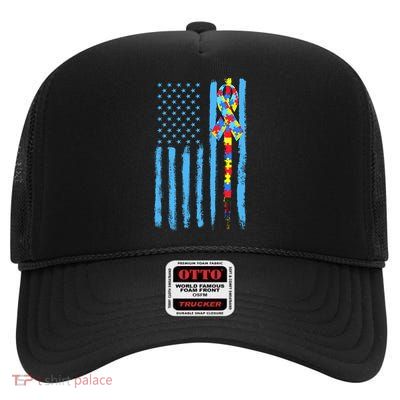 Autism Awareness Puzzle American Flag High Crown Mesh Back Trucker Hat