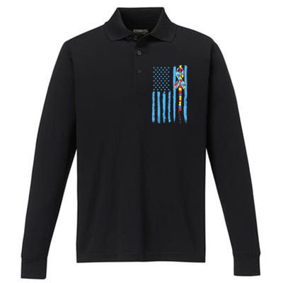 Autism Awareness Puzzle American Flag Performance Long Sleeve Polo