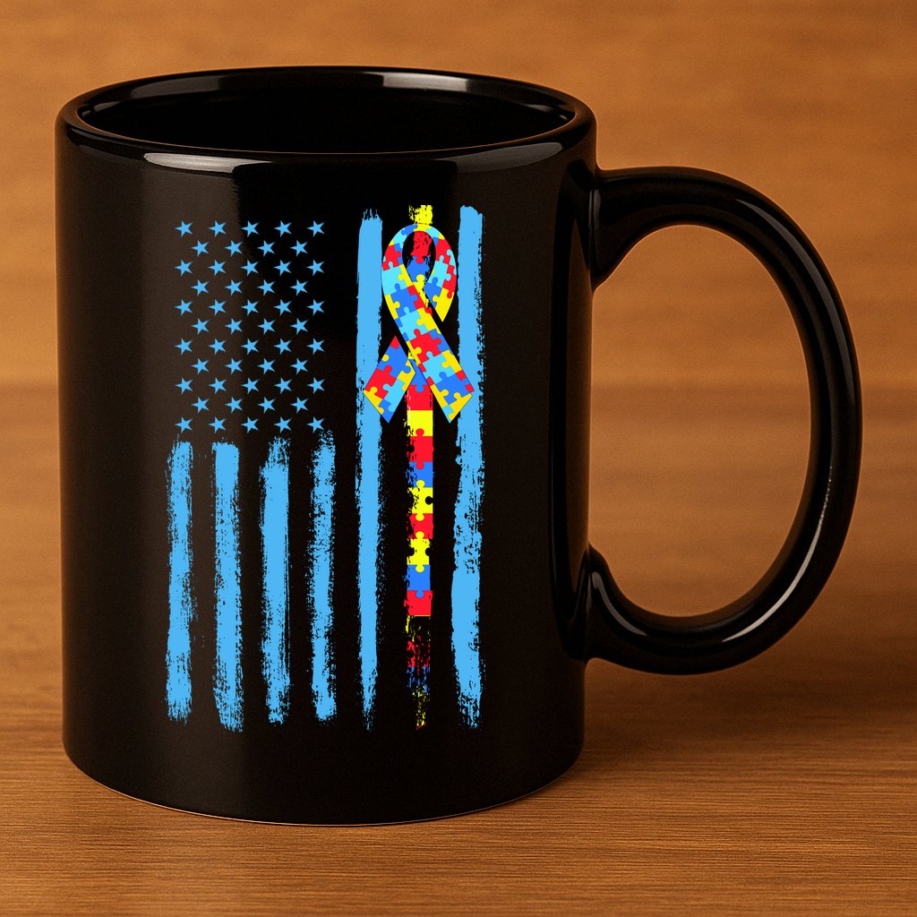 Autism Awareness Puzzle American Flag 11oz C Handle Ceramic Mug