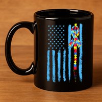 Autism Awareness Puzzle American Flag 11oz C Handle Ceramic Mug