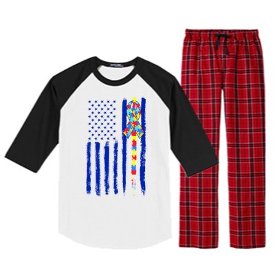 Autism Awareness Puzzle American Flag Raglan Sleeve Pajama Set