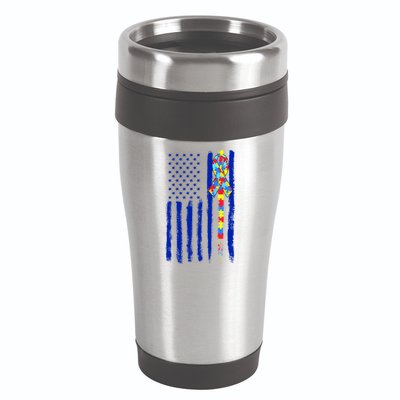 Autism Awareness Puzzle American Flag 16oz Travel Tumbler