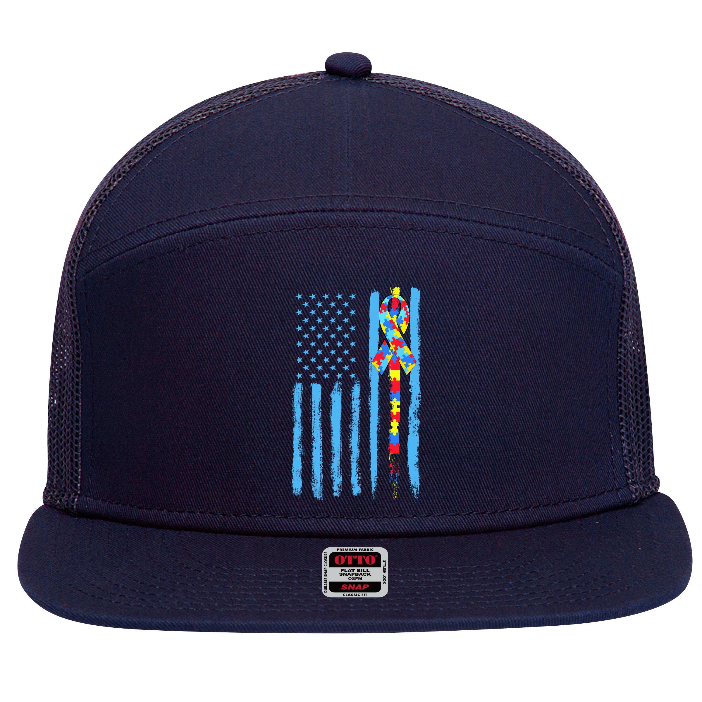 Autism Awareness Puzzle American Flag 7 Panel Mesh Trucker Snapback Hat