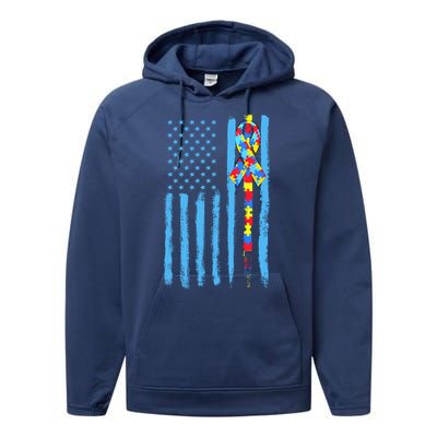 Autism Awareness Puzzle American Flag Performance Fleece Hoodie