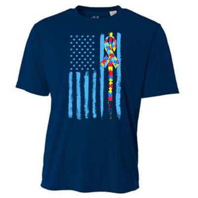 Autism Awareness Puzzle American Flag Cooling Performance Crew T-Shirt