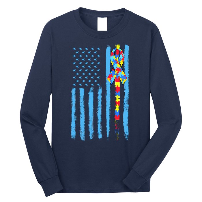 Autism Awareness Puzzle American Flag Long Sleeve Shirt