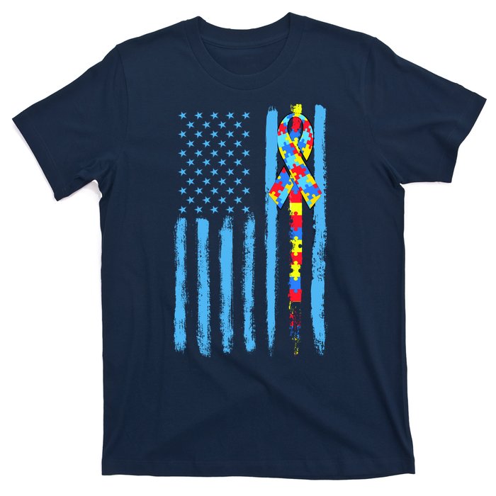 Autism Awareness Puzzle American Flag T-Shirt