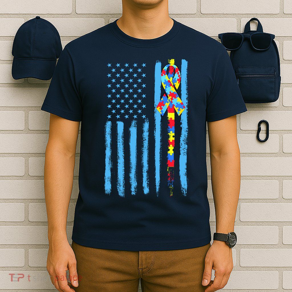 Autism Awareness Puzzle American Flag T-Shirt
